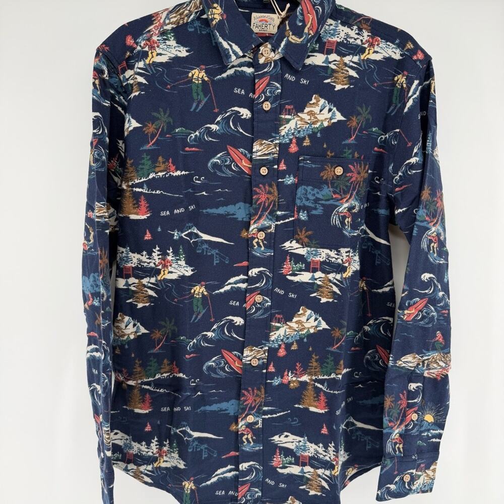 NEW Faherty Super Brushed Flannel Navy Sea and Ski Print Shirt Mens Small - Picture 4 of 7